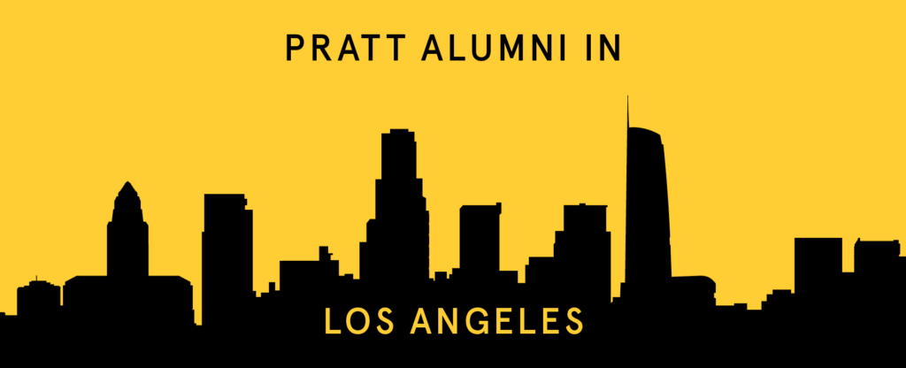 A black silhouette of the Los Angeles skyline against a yellow background with the text 'Pratt Alumni in Los Angeles' at the top. The buildings include famous LA landmarks, with a modern and minimalist design.