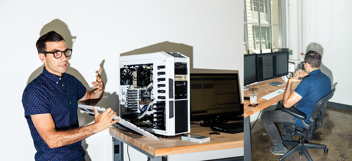 Artist revealing the interior of a computer processor, and at right, working at a desk with two monitors