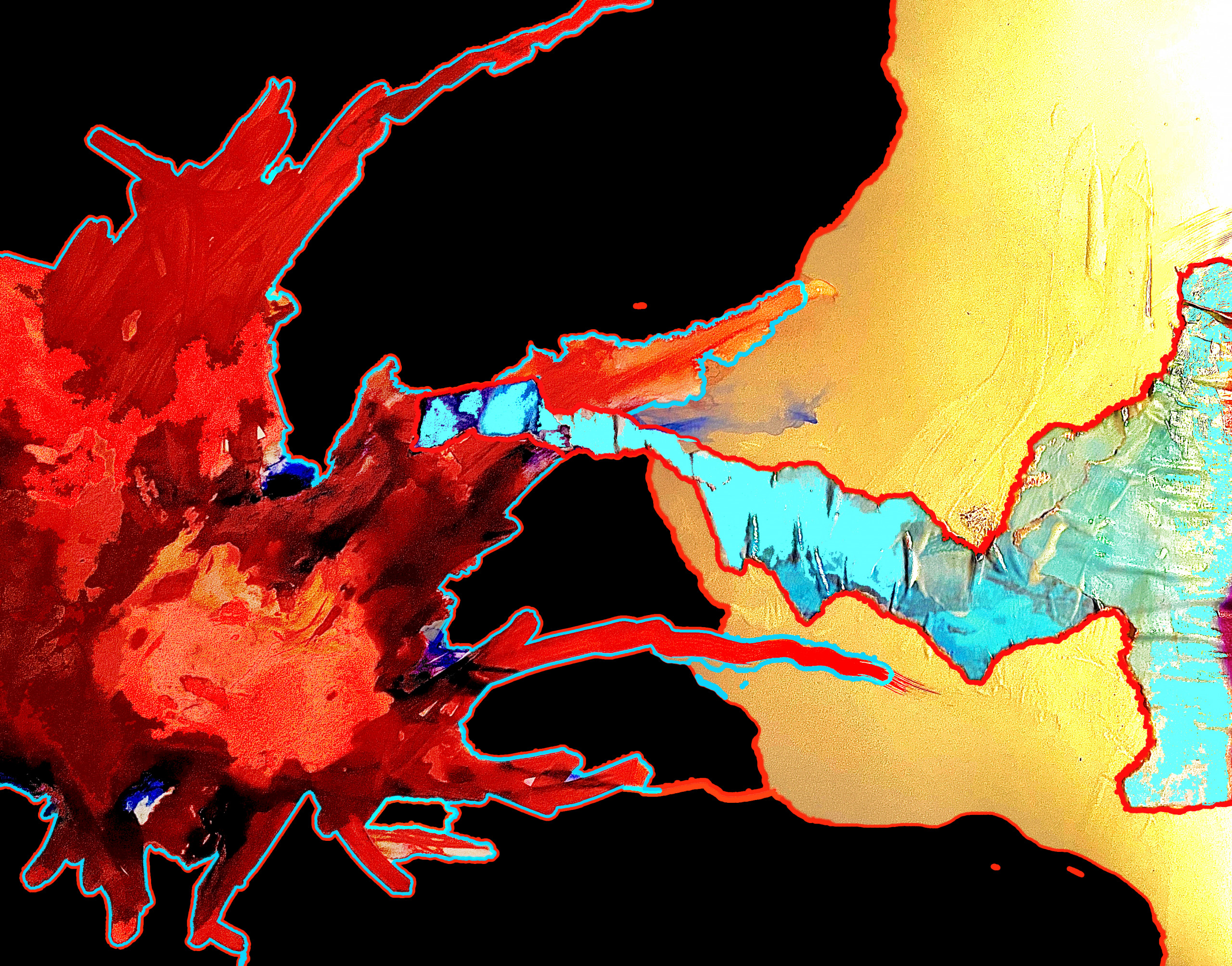 A jagged-edged red field of color on the left extends into yellow and seafoam green fields of color on the right