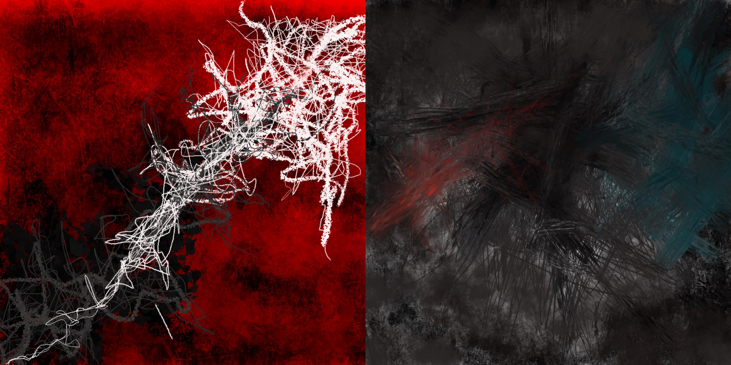 Jagged white and gray lines extend diagonally across a red background with thin clouds of black; smudges of red, black, and blue criss-cross a dark gray background
