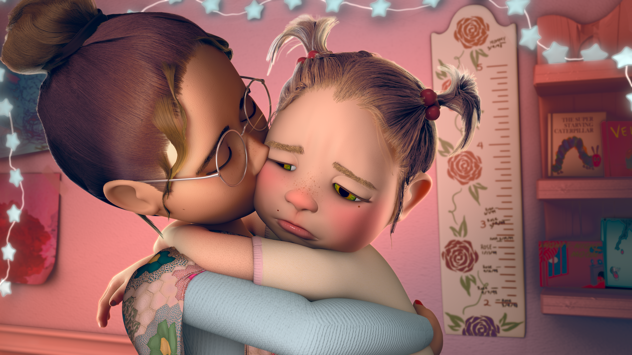 3D rendering of a woman holding a young child, a girl with pigtails, roma nd window in background, made in a pixar style