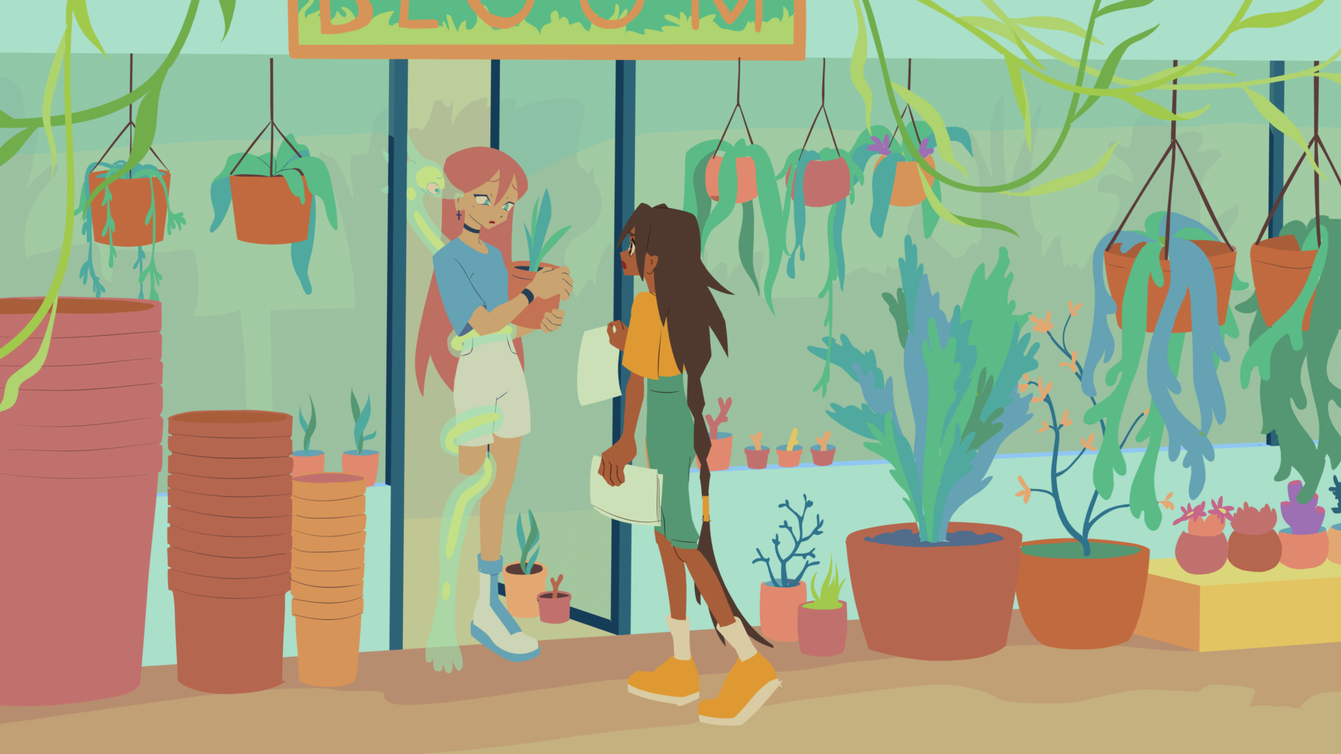 screen capture or frame of an animated movie, two girl characters speaking to each other in a outdoor market